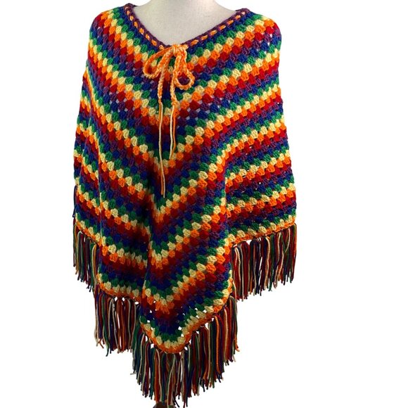 Crochet Poncho Fringed Rainbow Color Granny Square Stitch Unisex Adult Size New